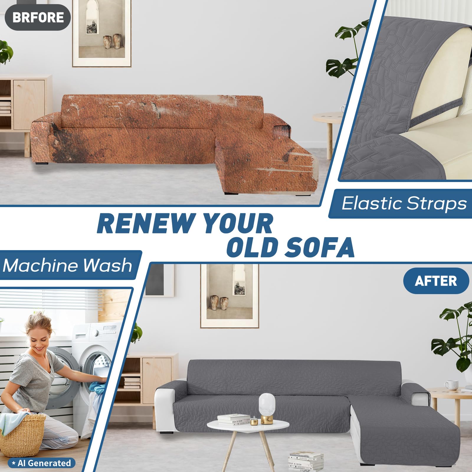 Ystyle Universell Sofabezug L Form 3 Sitzer (255CM, Hellgrau) | Couch Überzug Ecksofa L Form Wasserdicht, Sofa Überzug L Form Rutschfest, Kratzfest Sofa Cover L Shape, Modern Sofaüberwurf