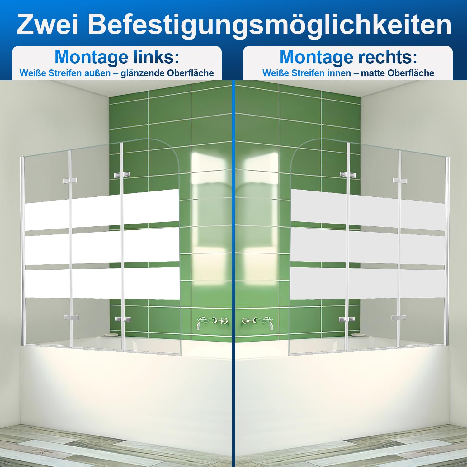 Mampara de ducha plegable para bañera, 120 x 140 cm, 3 piezas, cristal de seguridad (EGS), diseño de rayas blancas
