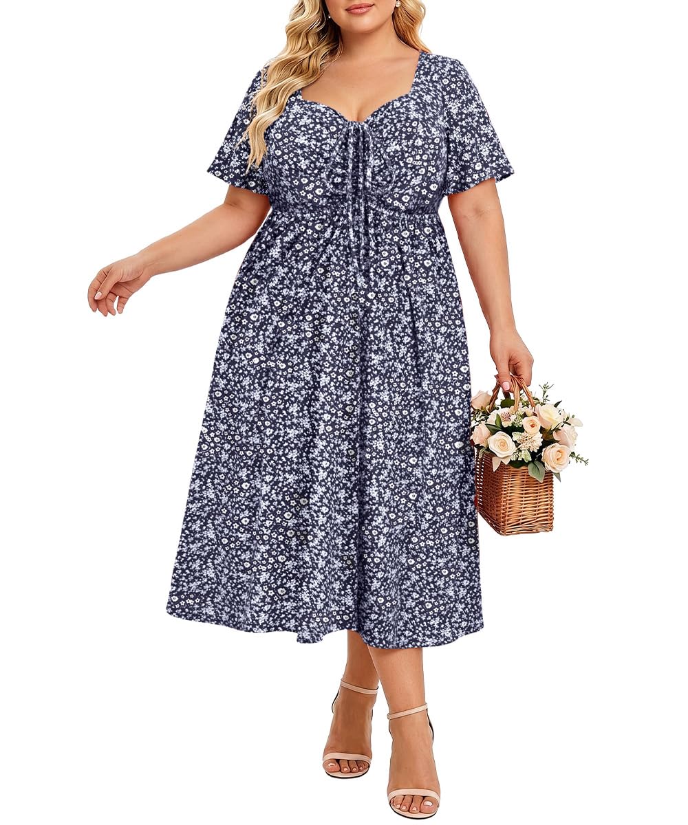 CARCOS Plus Size Dresses for Curvy Women Tie Sweetheart Neck Summer Maxi Dress Short Sleeve Empire Waist Floral Boho Dress