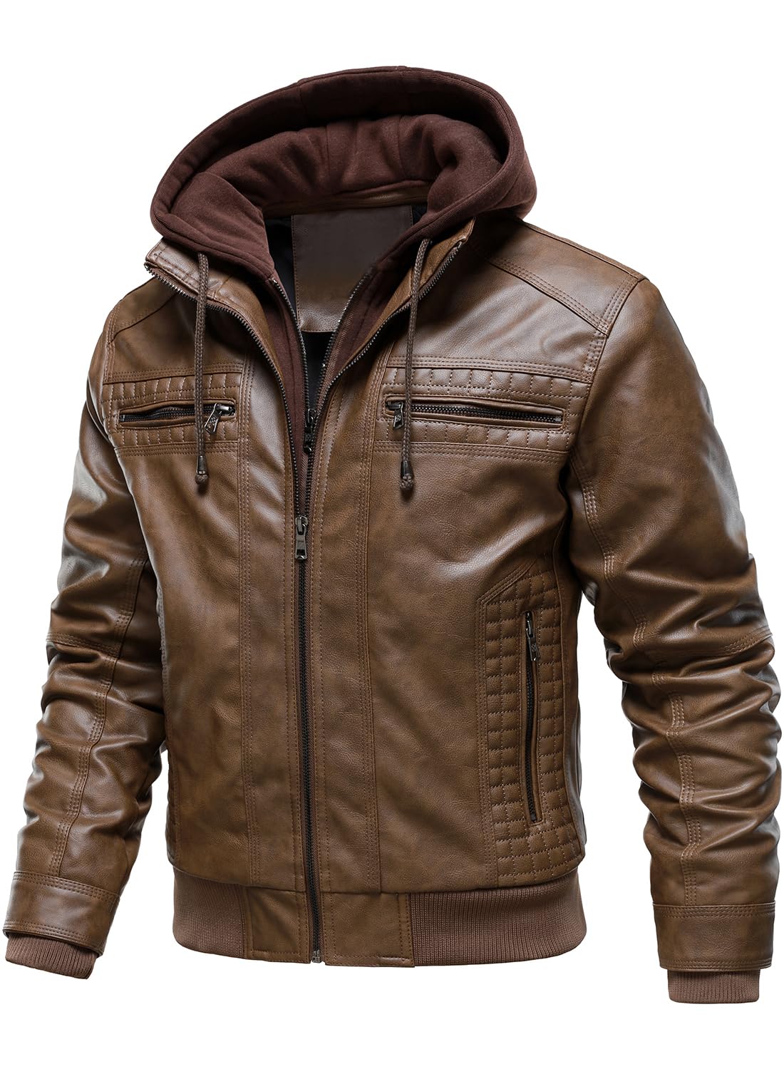 HOOD CREW Herren Kunstlederjacke mit Kapuze Lässige Motorrad Bomberjacke Winddichte Lederjacke