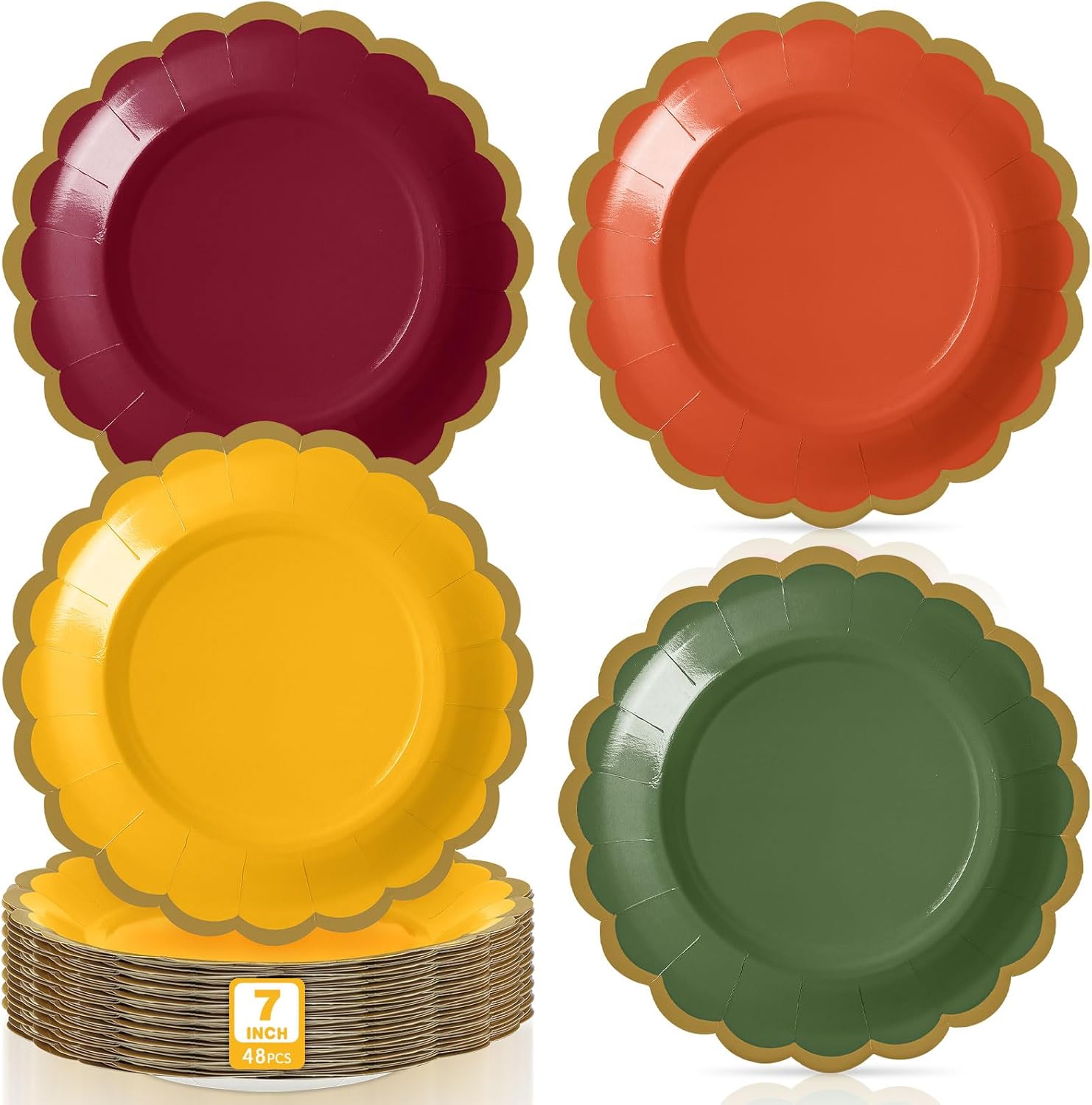 48 Pcs Fall Paper Plates 7 Inch Thanksgiving Dessert Scalloped Edge Disposable Gradient Color Dinner Plates for Fall Wedding Birthday Baby Shower Party Supply