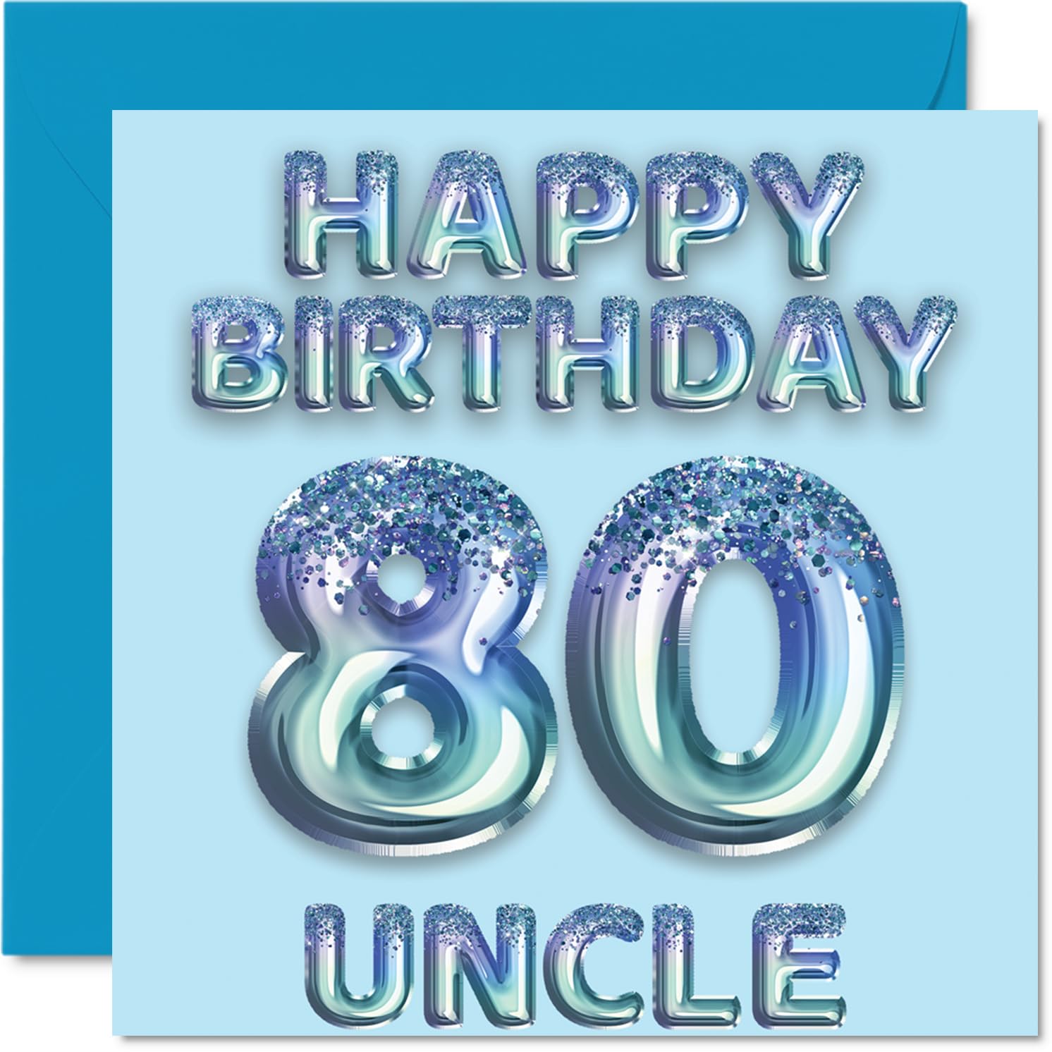 80th Birthday Card for Uncle - Blue Glitter Party Balloons - Happy Birthday Cards for 80 Year Old Uncle from Nephew Niece, 145mm Bday Greeting Cards Gift