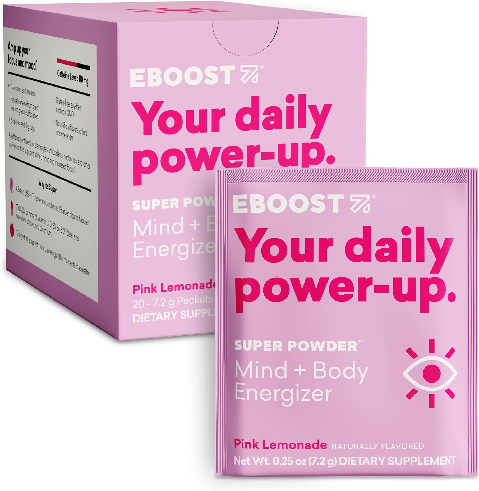 EBOOST Super Powder Drink Mix - Pink Lemonade 0.2 oz 20 Pack Hydration Energizer Electrolytes Powder - 13 Vitamins & Minerals - 110 mg Caffeine - 0 Added Sugar - No Artificial Flavors or Sweeteners