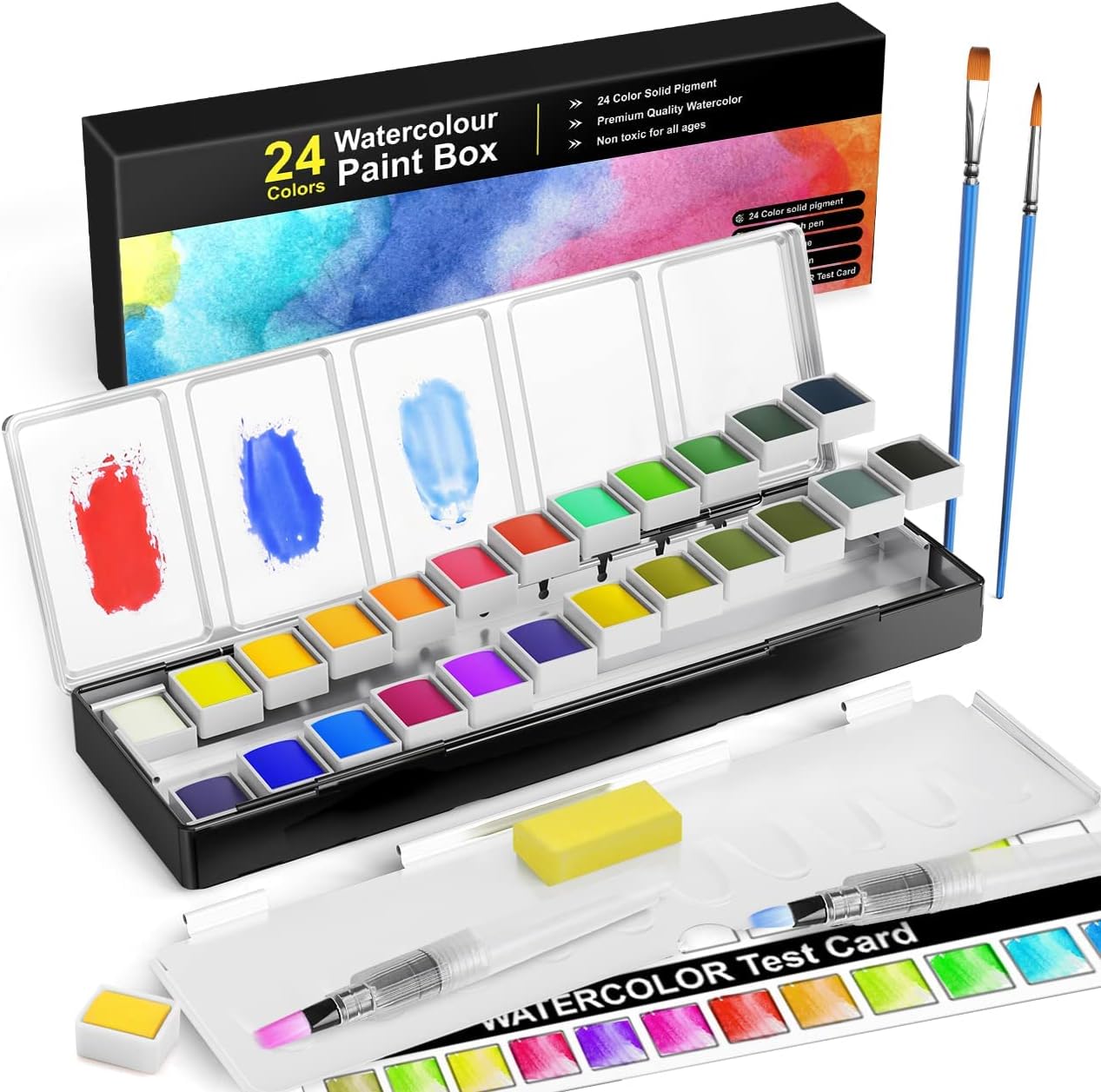 Watercolour Paint Set, RATEL Premium Watercolour Paint Box24 Colors Solid Pigment+2Water Tank