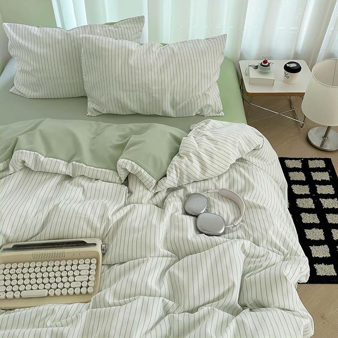 Duvet Cover - Queen Size Cotton White Green Stripe 3 Pieces
