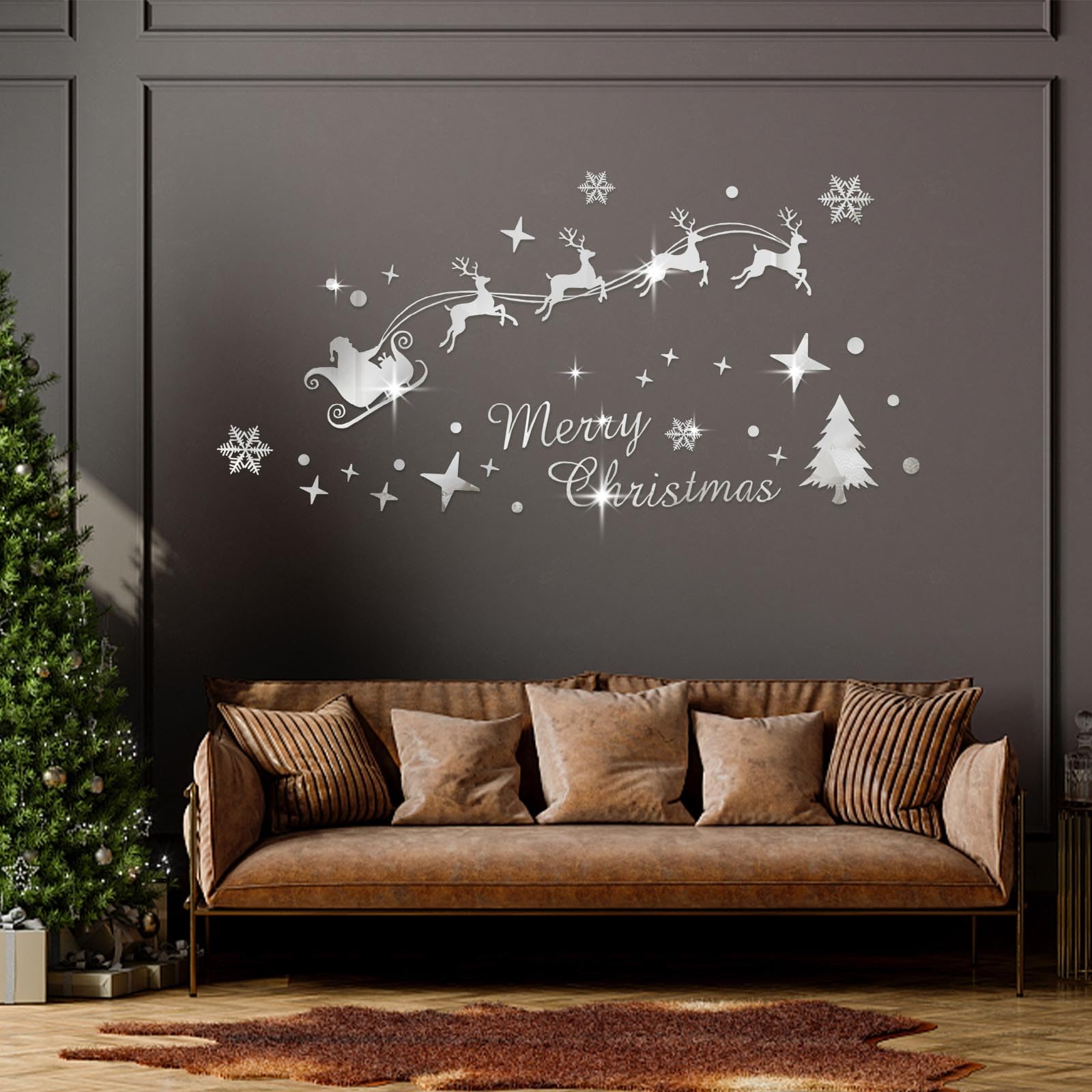 ALIBBON Merry Christmas Wall Decals, Acrylic Reindeer Santa Wall Stickers, Christmas Wall Decorations for Home, Xmas Window Clings, Snowflake