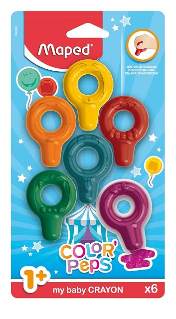 Maped Early Age Ceras de Colores Niños Tizas Plásticas Baby Crayons Set de 6 Colores para Niños desde 1 Año con Agarre Cómodo y Diseño Lúdico en Forma Redondeada