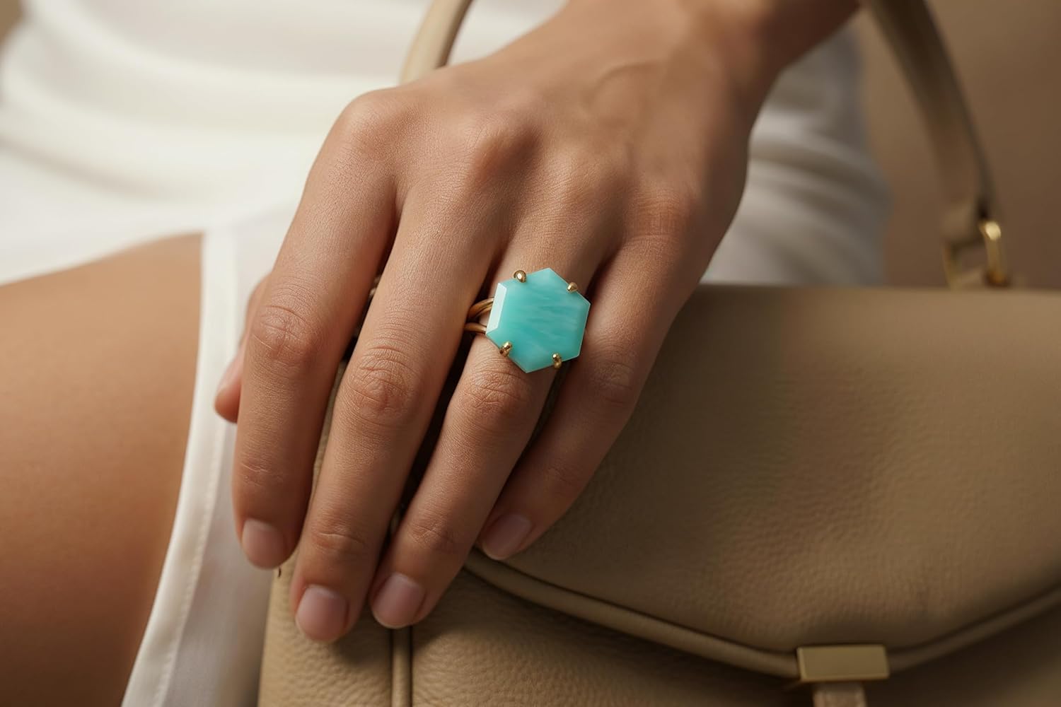 Sterling Silver Amazonite Ring – Hexagon Cut Sky Blue Stone – Handmade Natural Gemstone Solitaire for Women – Modern Cocktail Jewelry