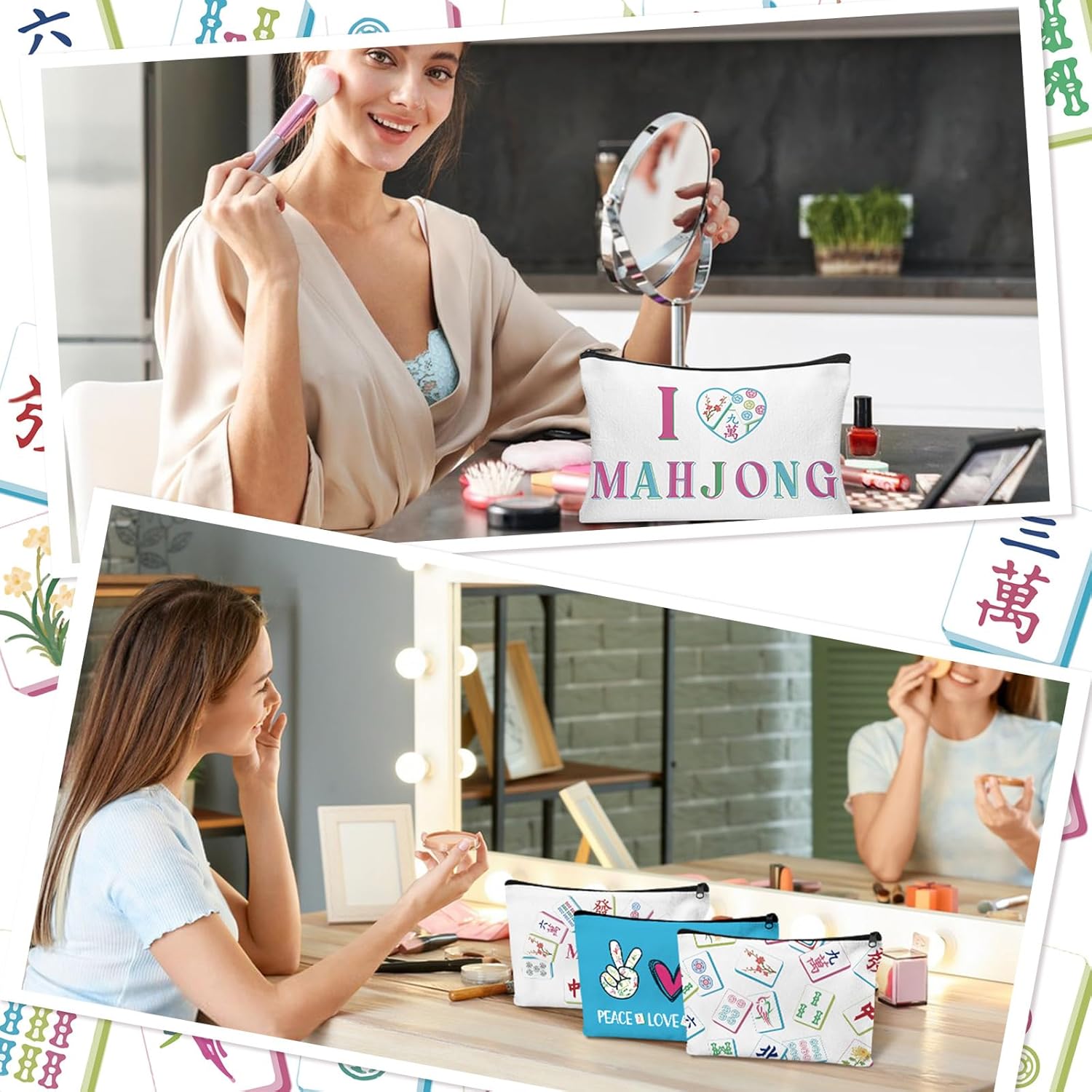 9Pcs Mahjong Makeup Bag Mahjong Cosmetic Bag Gifts for Women mahjong Tile Bags with Zipper Travel Toiletry Organizer Pouch for Board Game Lover Player Birthday Valentine's Day Gifts - Image 6