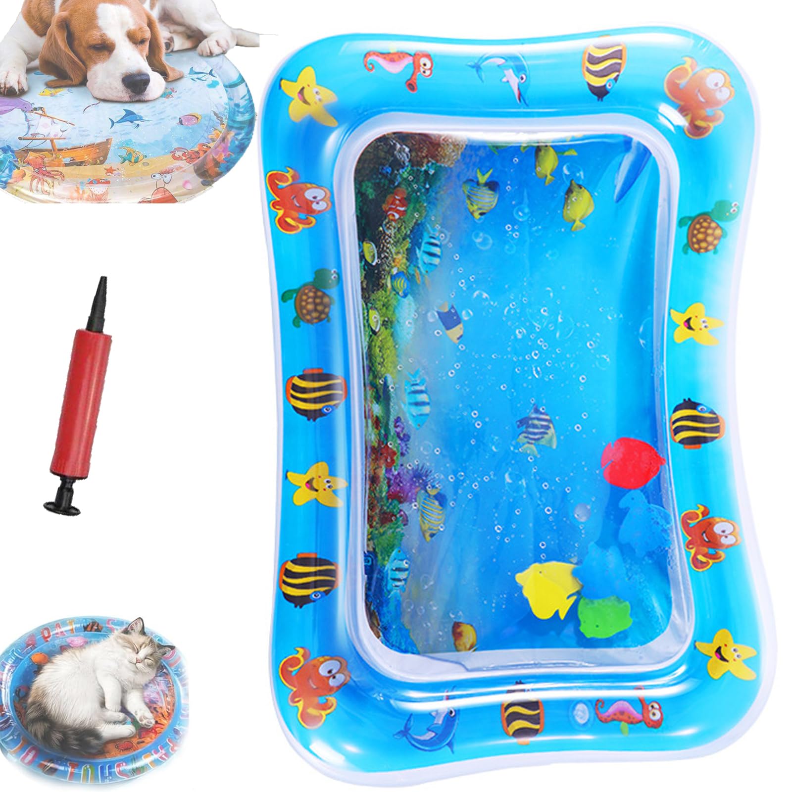 Mats for Cats, Interactive Pet Water Bed, Cat Play Pool with Fish, Thickened Anti Scratch Water Mats for Indoor Cat Dog (Square Model 4)