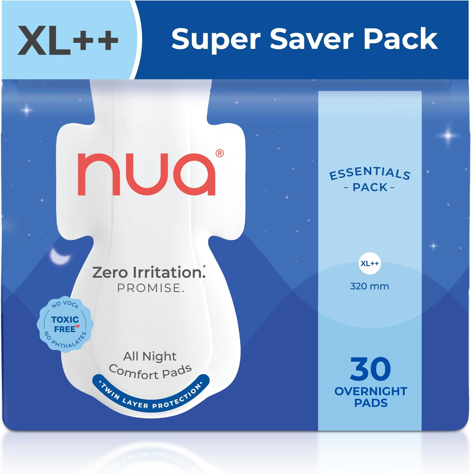 All Night Comfort Sanitary Pads | Pack of 30 (XL++ 320mm) | Twin Layer Protection | 50% Wider Back and Anti Stain Wings | Upto 10 hours of Absorption | Super Soft and Breathable | No Rashes | 100% Toxic-Free