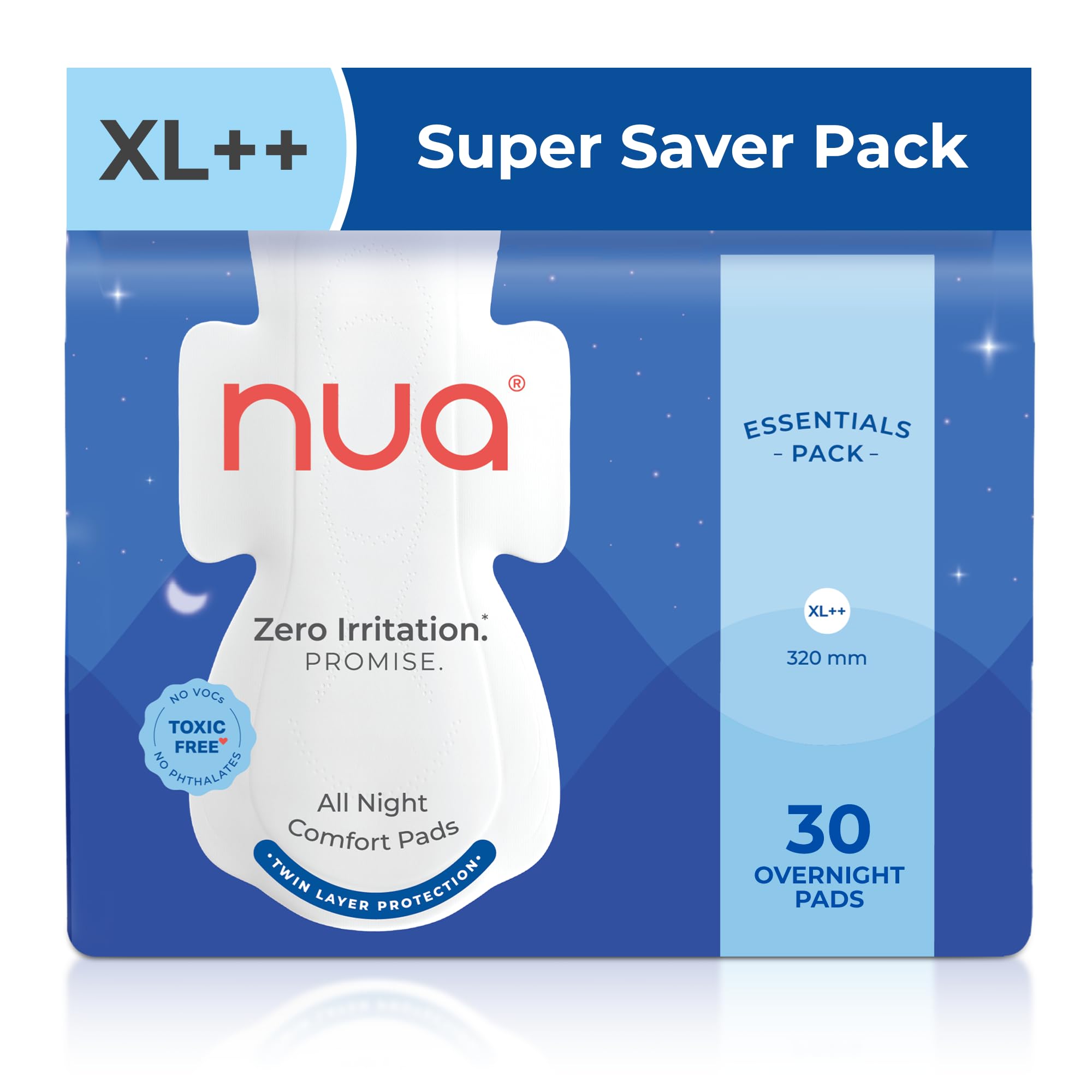 Nua Ultra Safe Night Pads(XL++) for Heavy Flow | SUPER SAVER Pack of 30 | Extra Long Leak-Proof Pads | Gentle on Sensitive Skin, Breathable & Rash-Free | For All-Night Protection, Maximum Absorbency, and Comfort