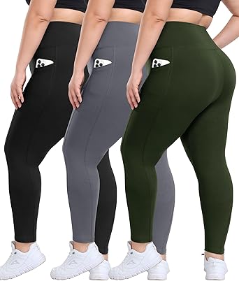 3 Pack Plus Size Leggings with Pockets for Women - High Waisted Tummy Control Spandex Soft Black Workout Yoga Pants