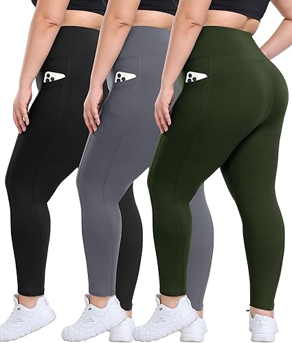 3 Pack Plus Size Leggings with Pockets for Women - High Waisted Tummy Control Spandex Soft Black Workout Yoga Pants
