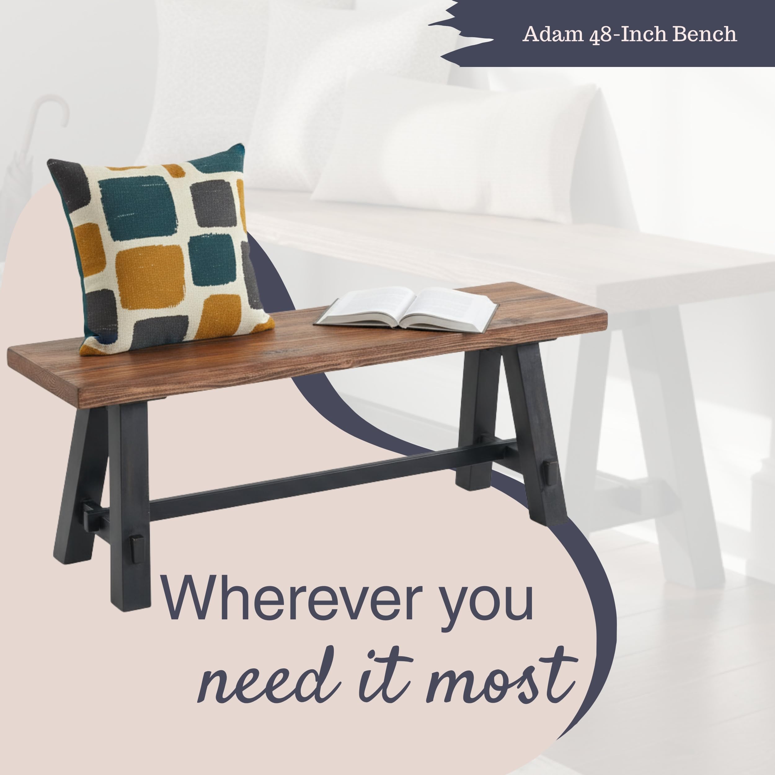 Adam 48-Inch Rustic Industrial Solid Wood Entryway Bench with Distressed Black Sawhorse Legs – Sturdy Accent Seating for Living Room, Mudroom, Dining Room, and Laundry Room by Alaterre Furniture