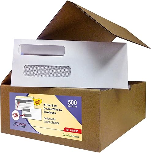 Caja de 500 sobres teñidos de seguridad de doble ventana listos para sellar, para controles láser (#8 sobres)