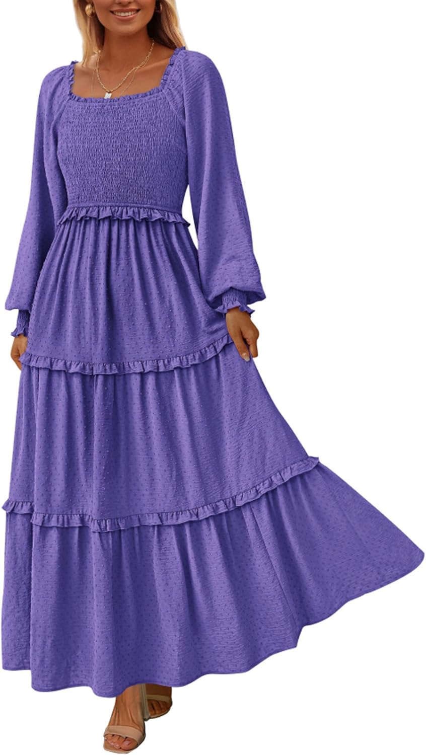 PRETTYGARDEN Fall Dresses for Women 2026 Long Sleeve Smocked Square Neck Swiss Dot Tiered Flowy Wedding Guest Maxi Dress
