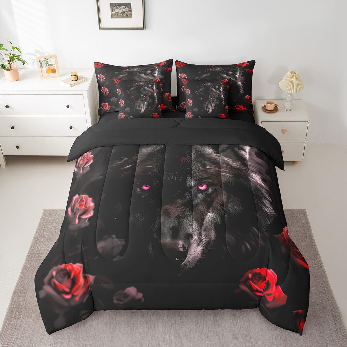 Erosebridal Black Wolf Bed in a Bag Queen Comforter Set 7 Piece,Red Rose Bedding Sets Romantic Flowers Bed Sheets,Wild Woodland Animals Sheet Set with Comforter