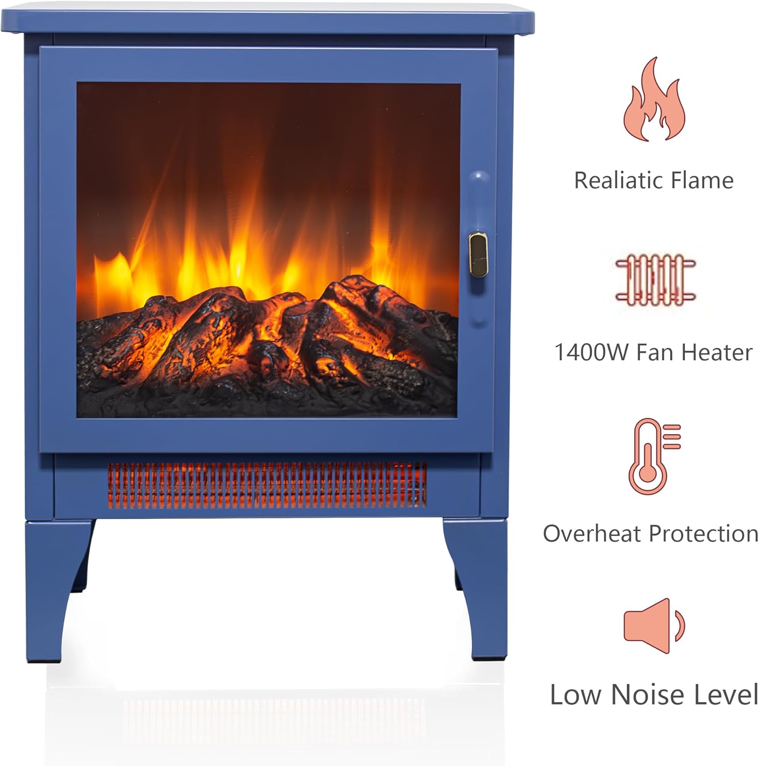 17" Electric Fireplace, Freestanding Fireplace Heater with Realistic Flame & Log, Overheat Protection, 700W/1400W, Navy