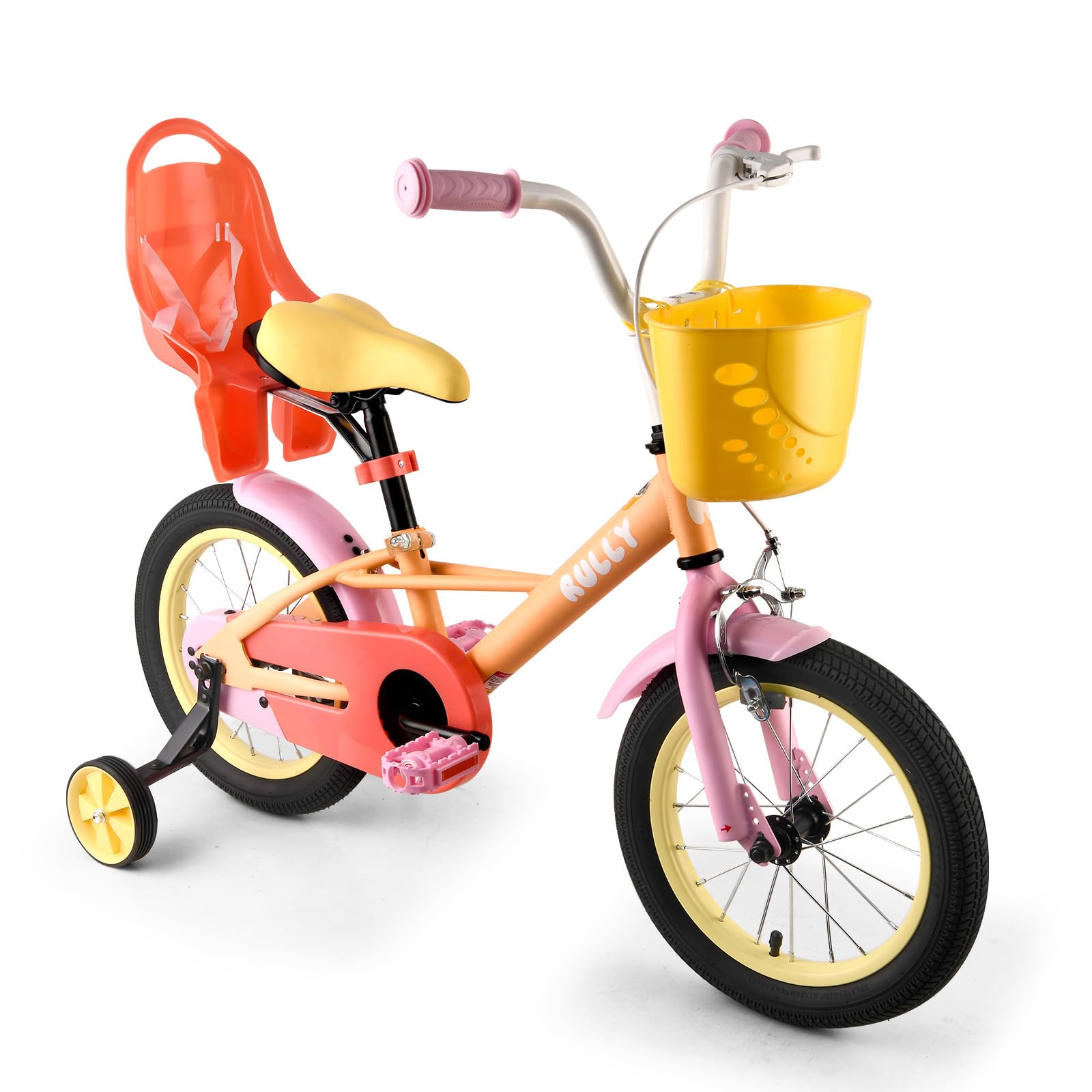 RULLY Vélo rose de 41 à 53 cm pour fille de 4 à 7 ans - Vélo pour enfant avec siège poupée, roues stabilisatrices et look arc-en-ciel