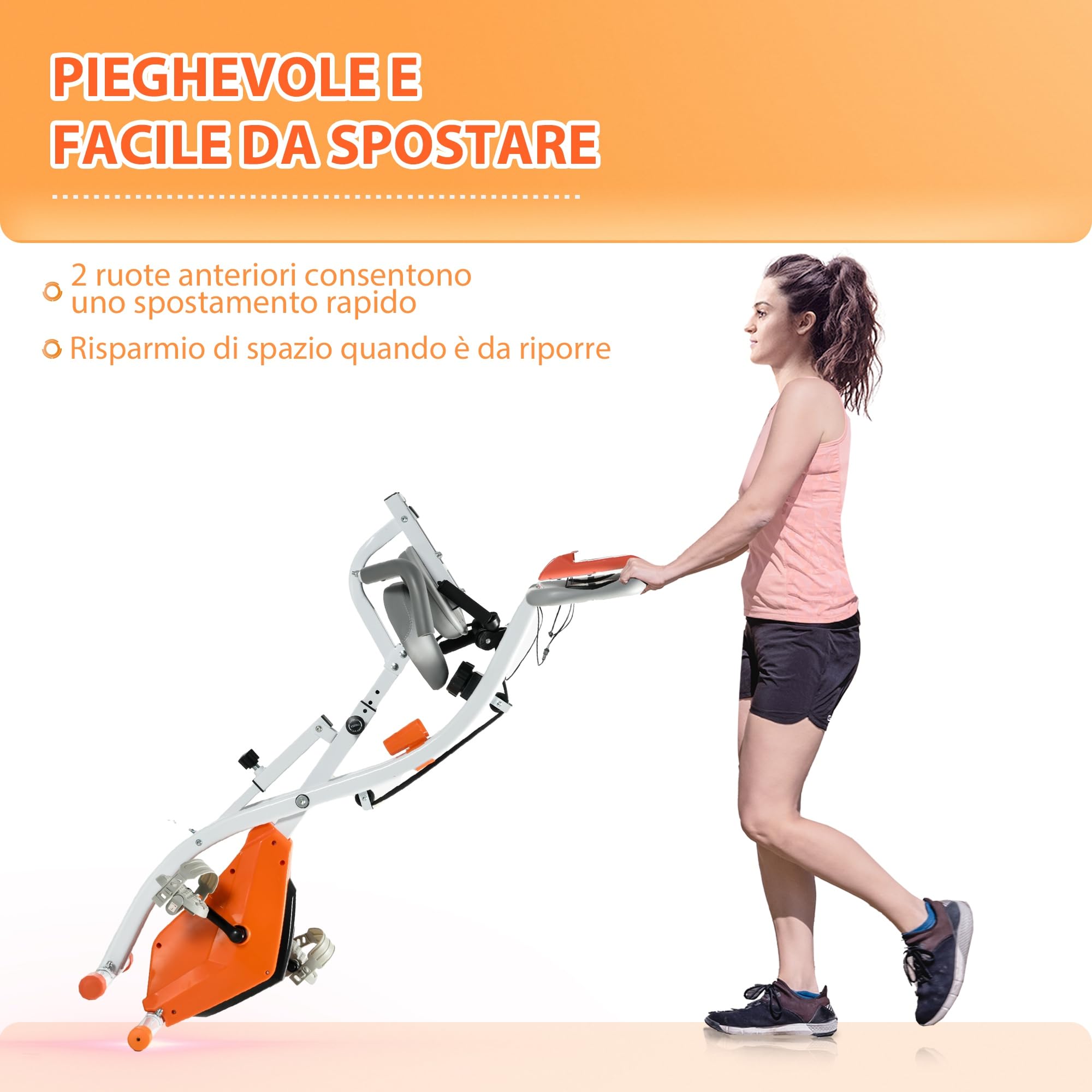 HOMCOM Cyclette Pieghevole 2 in 1, Resistenza Magnetica Regolabile 8 Livelli, Cyclette da Casa Silenziosa con Sensore Cardiaco, Sedile Regolabile, Bande Elastici, Schermo LCD, Ruote