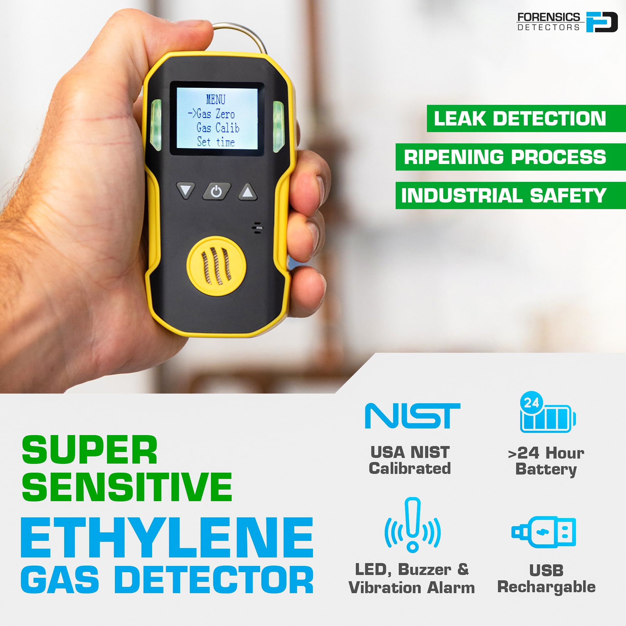 Detector de Gas Etileno (C2H4) | Certificado de Calibración EU | Recarga USB | Alarmas Sonoras, Luminosas y por Vibración | 0–100 ppm C2H4