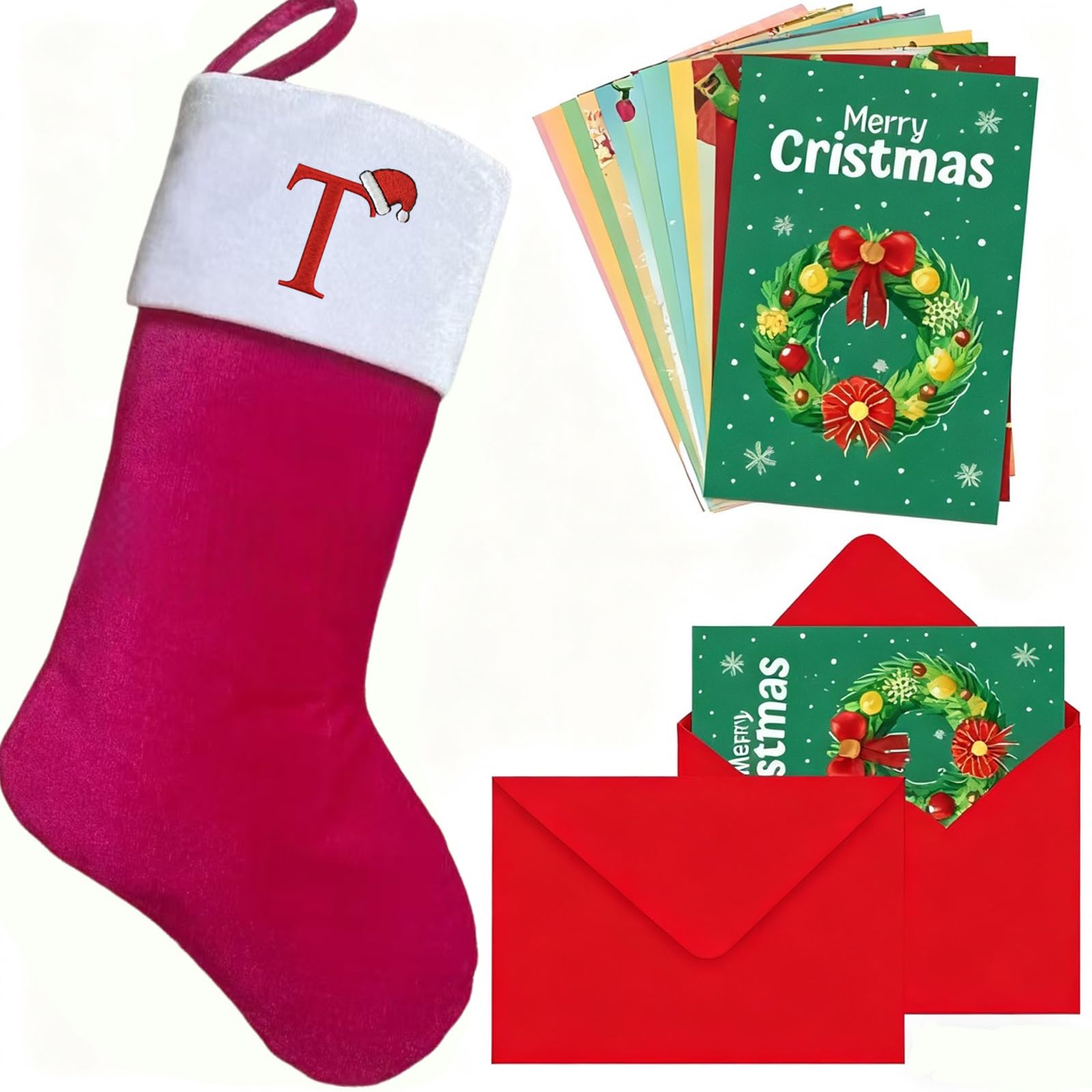 mememom Christmas Stockings with Initials,Personalized Letters Xmas Stocking for Kids, Large Super Soft Embroidered Monogram Christmas Stocking,Holiday Family Stocking Decoration (Rose Red Letter T)