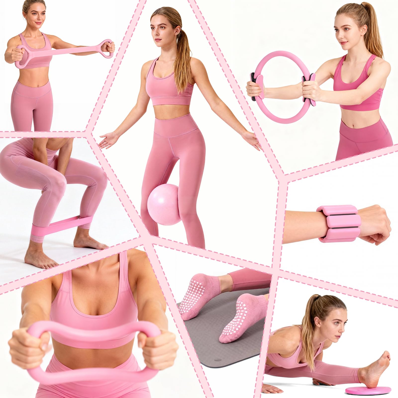 Kit Pilates, 14 piezas Rosa Kit Pilates en Casa Completo para Casa con Aro, Pelota, Calcetines Antideslizantes, Pesas para Muñecas Ajustables y Bandas de Resistencia – Equipo de Fuerza y Yoga