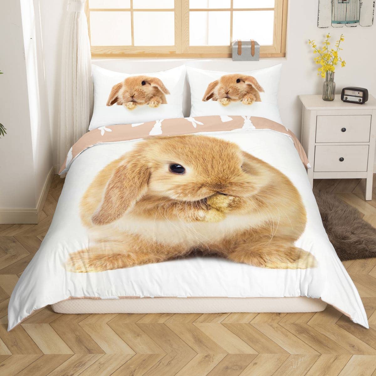 Loussiesd Kaninchen Bettwäsche Set 135x200cm Gelb 3D Tier Bettbezug Atmungsaktiv Niedlich Raumdeko