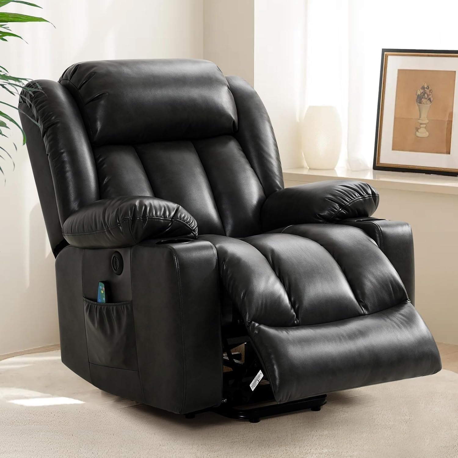 Electric Recliners Chair Elderly & Adult Ergonomic Power Lift Recliner Chair, with Massage and Heat, Breathable Leather, 2 Cup Holders, USB Ports, Electric Support of Metal,Remote Controls, Black