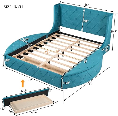 Miniatura 2 de QVUUOU Queen Size Upholstered Platform Bed Bedroom Furniture Pine Wood Bed Frame with Drawer Side Storage Stools and Velvet Wingback Headboard for