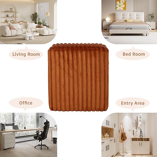 Miniatura 5 de Otomana cuadrada moderna, otomana con canal vertical, taburete tapizado de terciopelo para maquillaje, dormitorio, sala de estar, naranja oscuro