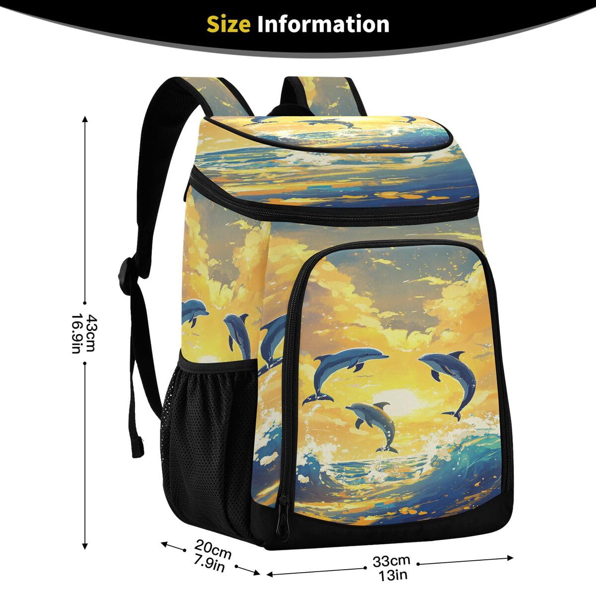 Dolphin Wave Sunny Yellow Cooler Backpack Leakproof Insulated Lunch Cooler Bag 30 Cans Camping Backpacks for Camping Hiking Beach