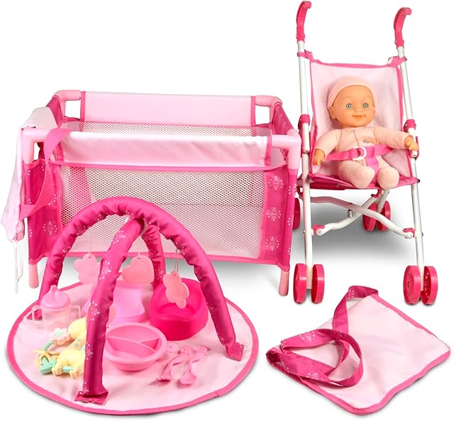 Anivia 5PCs Baby Doll Stroller Set - Baby Doll Accessories Set Includes Doll Stroller/ Doll Crib/ Play Mat/ Feeding Toy/ Diaper Bag, Nursery Role Play Set (11" Doll Included) Pink