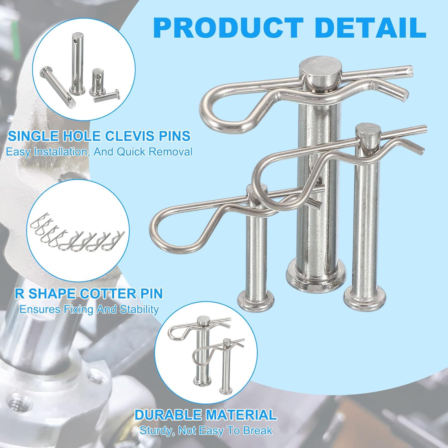 Clevis Pin with R Shaped Spring Cotter Pin M10x120mm Single Hole Clevis with R - Clip Fits for Automotive Mechanics Cars Trucks, (6 Pcs, Silver)