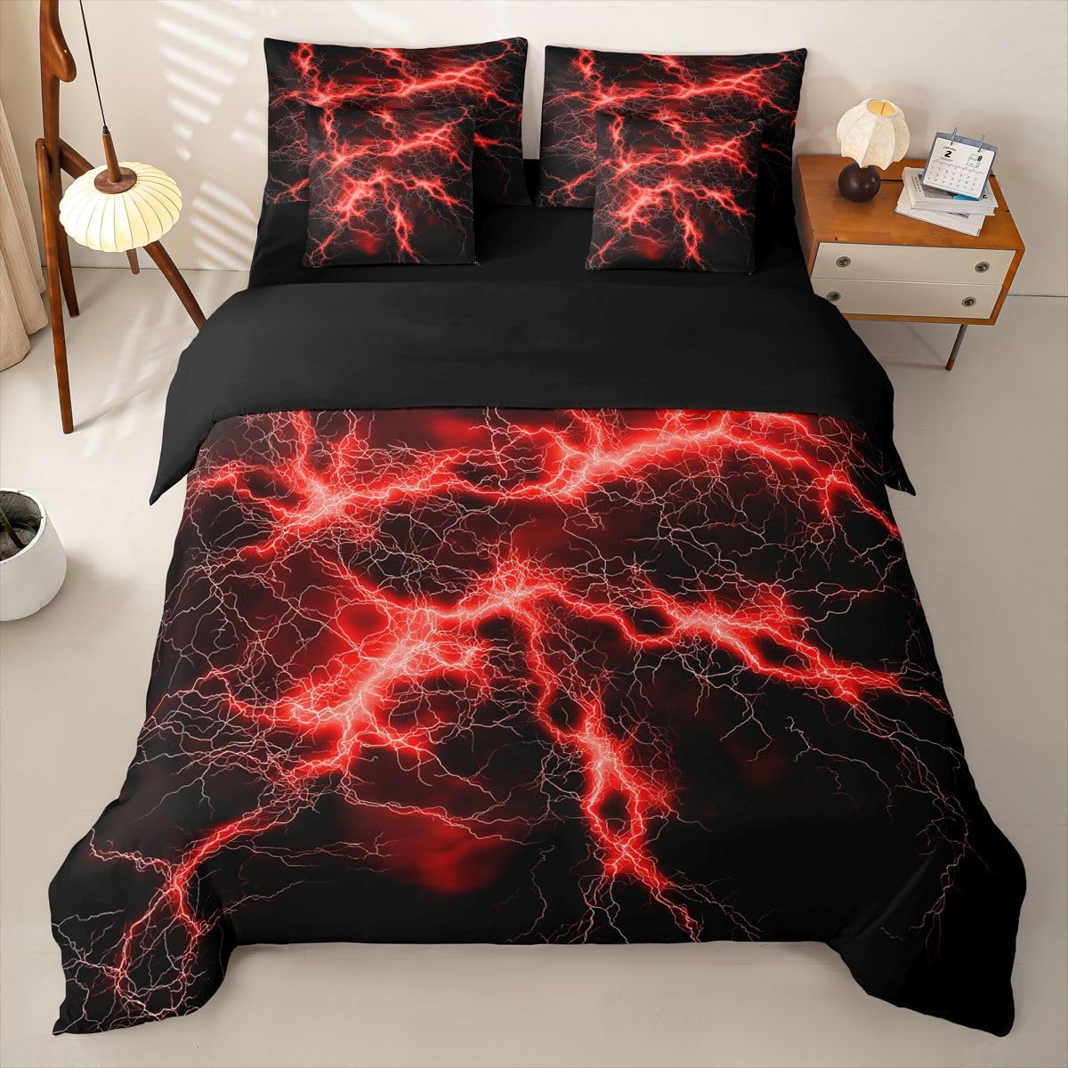Loussiesd Juego de ropa de cama de 7 piezas con funda de edredón para cama de matrimonio de 7 piezas, color rojo y negro, decoración de habitación, geométrico, suave, ligero, microfibra para niños y