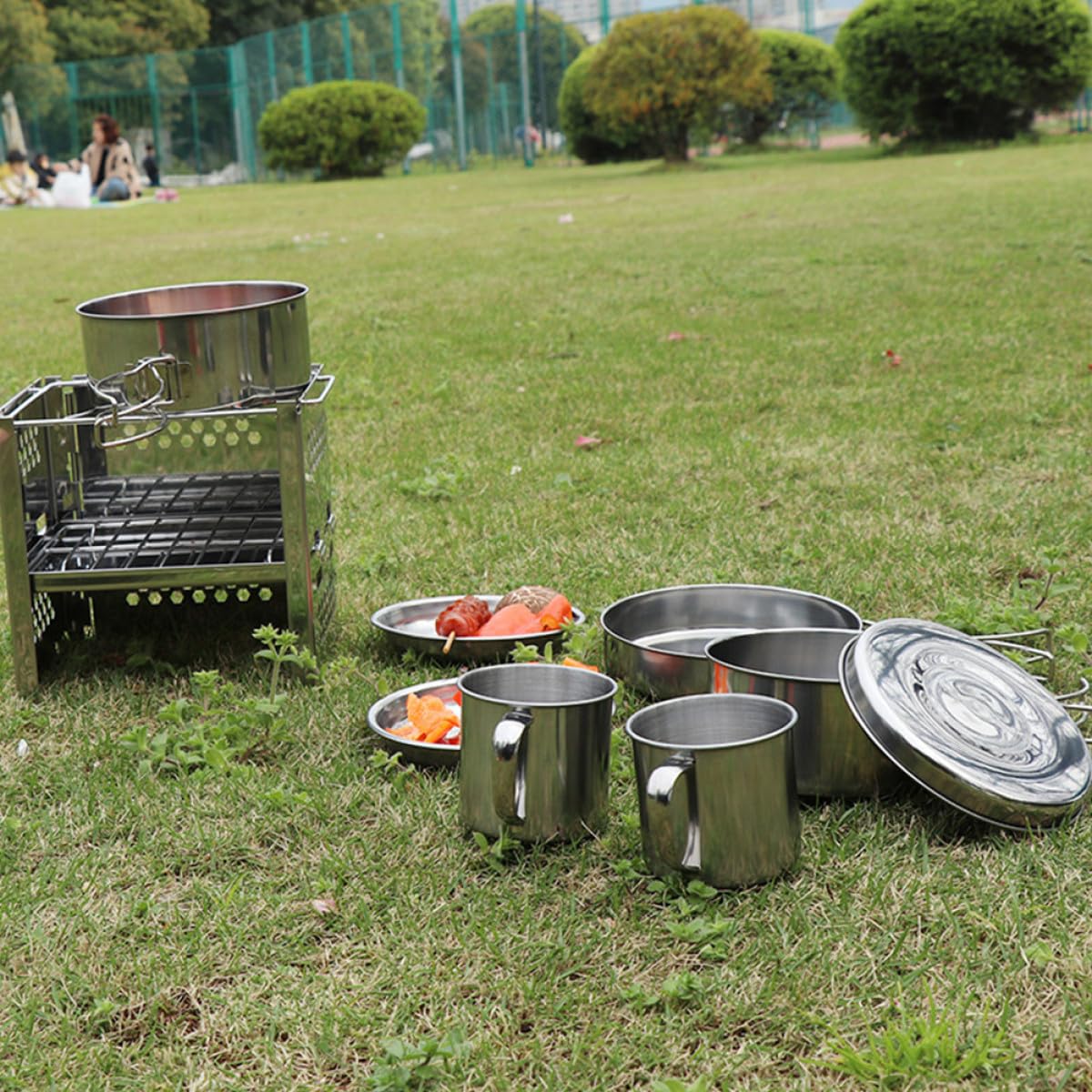 Tragbares mit Tasche aus Edelstahl Kochgeschirr Camping 8 Stück Verschleißfest und Praktisch beim Outdoor Kochen für Backpacker und Wanderer