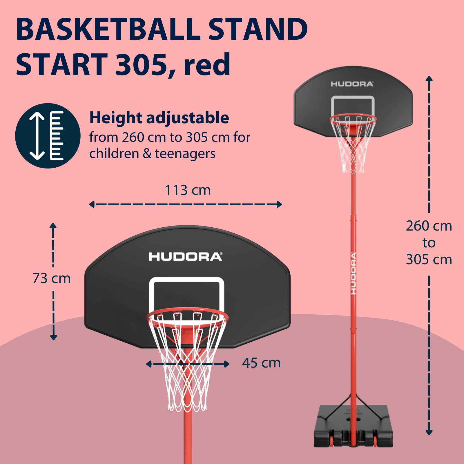 HUDORA Start stojak do koszykówki 305 – kosz do koszykówki z regulacją wysokości od 260 – 305 cm – mobilna waga koszykowa ze stojakiem dla dzieci i młodzieży – stojący kosz do koszykówki na zewnątrz z