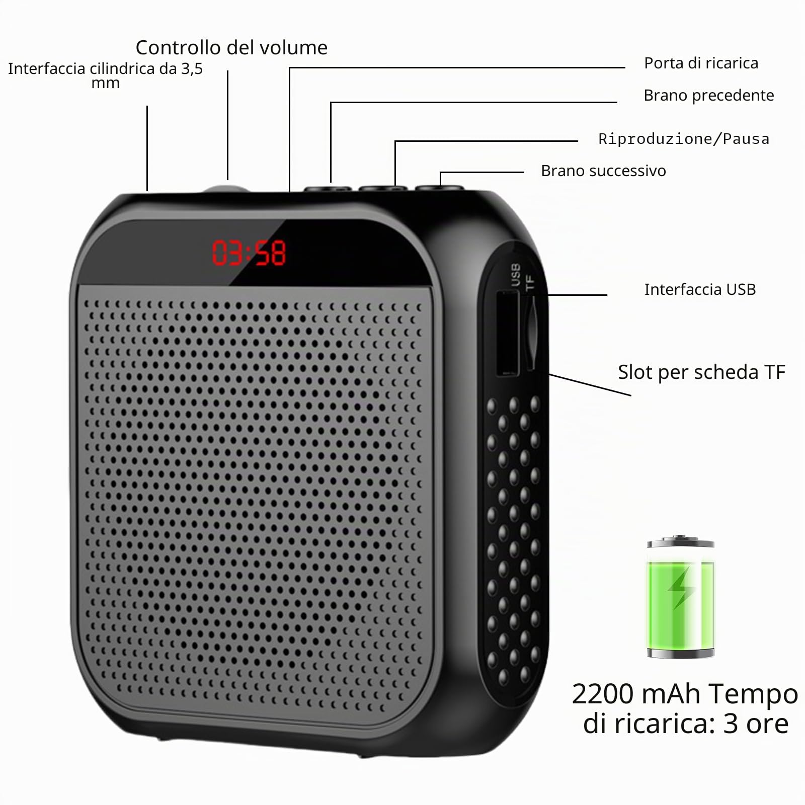 Amplificatore vocale wireless con microfono, altoparlante portatile ricaricabile, bund, batteria 2200 mAh, per allenatori e insegnanti