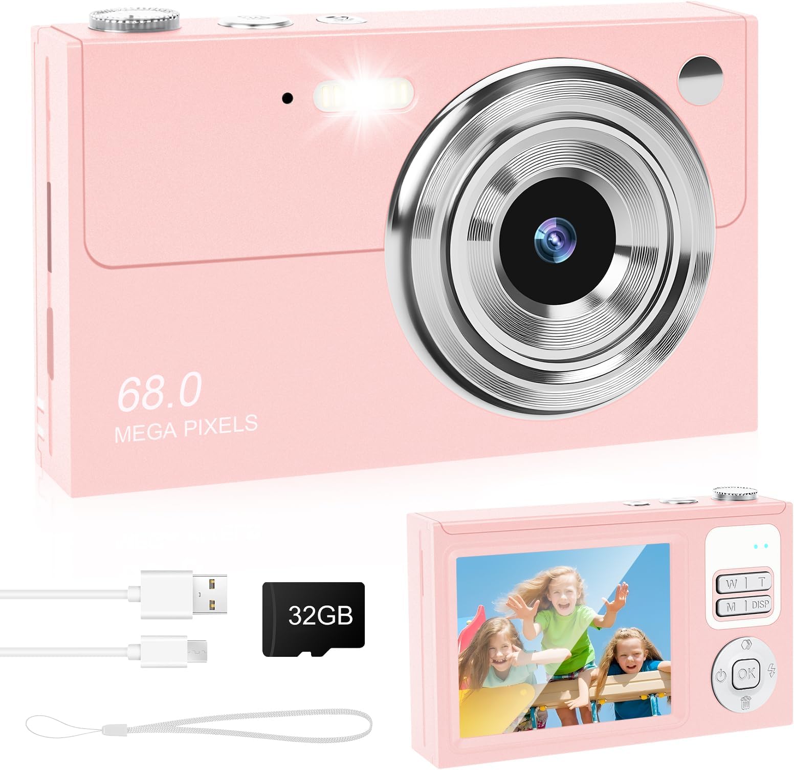 Digital Camera - 68MP Autofocus with 2.8" LCD Screen 16X Digital Zoom Anti-Shake Photography Vlogging Compact Photo Camera with 32gb SD Card for Kids Students Beginners Teens (All Pink)