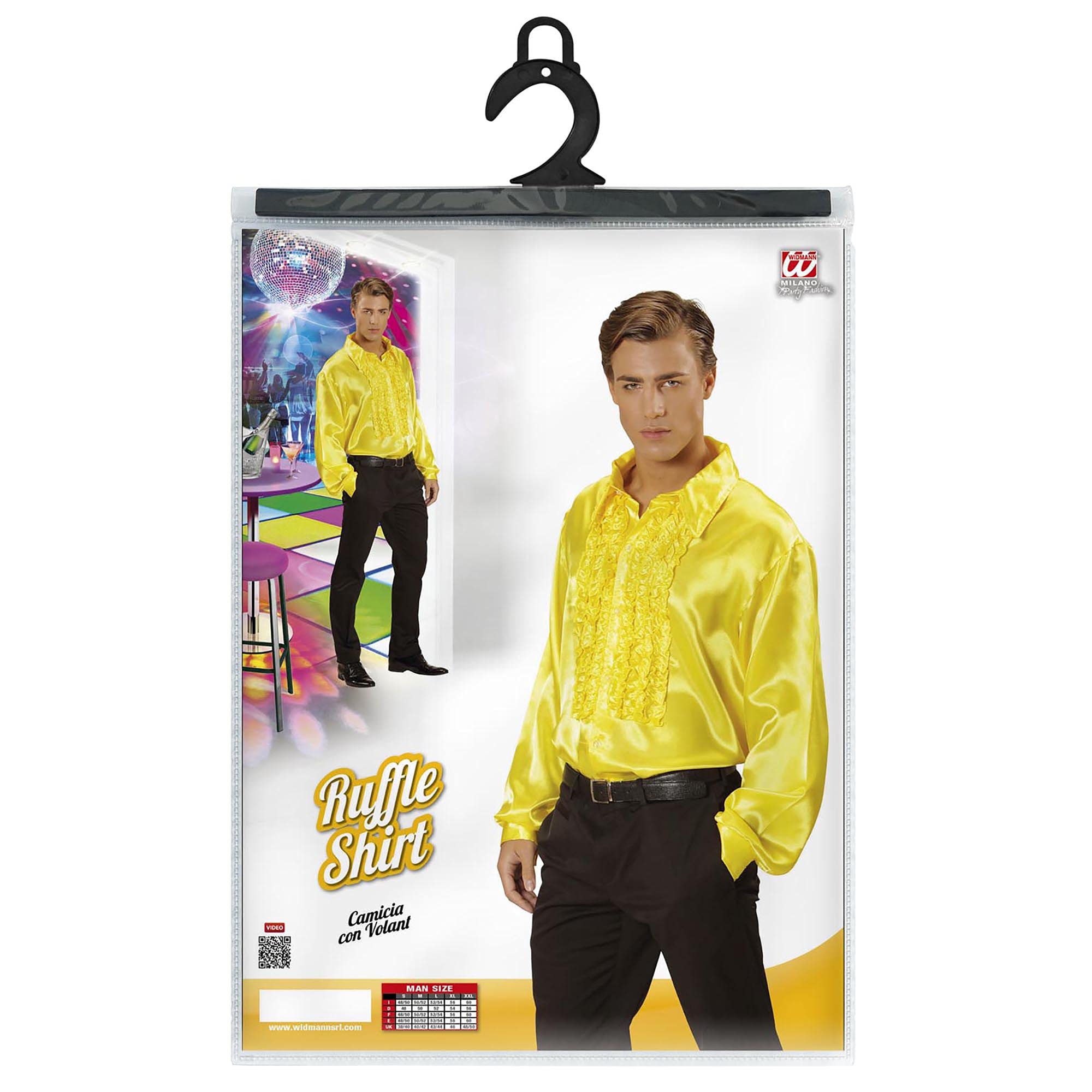 Widmann 01194-70s Disco Style Shirt, Adult Man, Made of Satin, With Ruffles, Carnival, Disco, Size XL, Yellow Color - Image 2