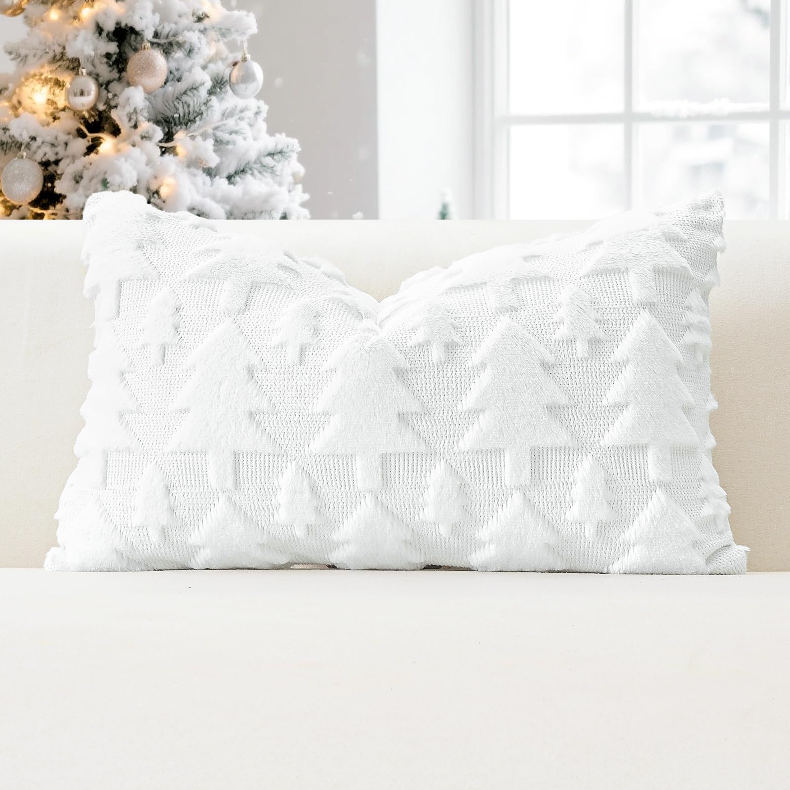 JOTOM Set of 1 Christmas Cushion Cover 40x60cm Christmas Tree Decorative Soft Throw Pillow Cover Plush Faux Fur Winter Holiday Pillow Case for Home Bed Couch Sofa Decor (White)