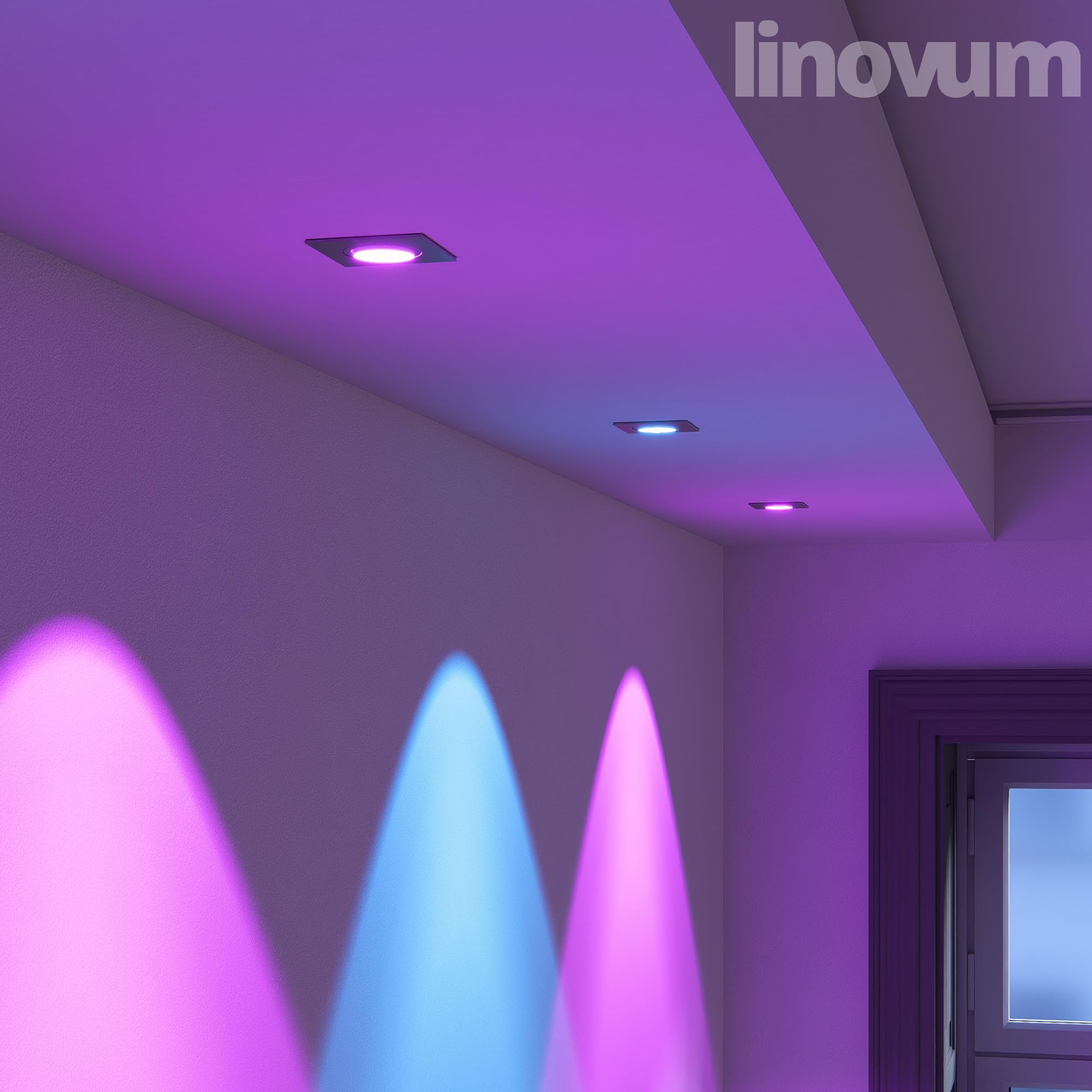 linovum Einbauspot 4er Set silber eckig Smart LED WLAN RGBW App flach 36mm | Vier smarte Einbauspots eckig Alu gebürstet - per App & Alexa steuerbar, RGB & Weißtöne, tauschbar, für Wohnräume