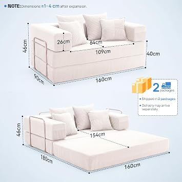 YINIX Folding Sofa Bed 160cm King Size, Convertible Modular Sofa, Corduroy Boneless Couch with Metal Frame, 2 Seater Floor Futon Mattress, Non Slip Base, Washable Cover