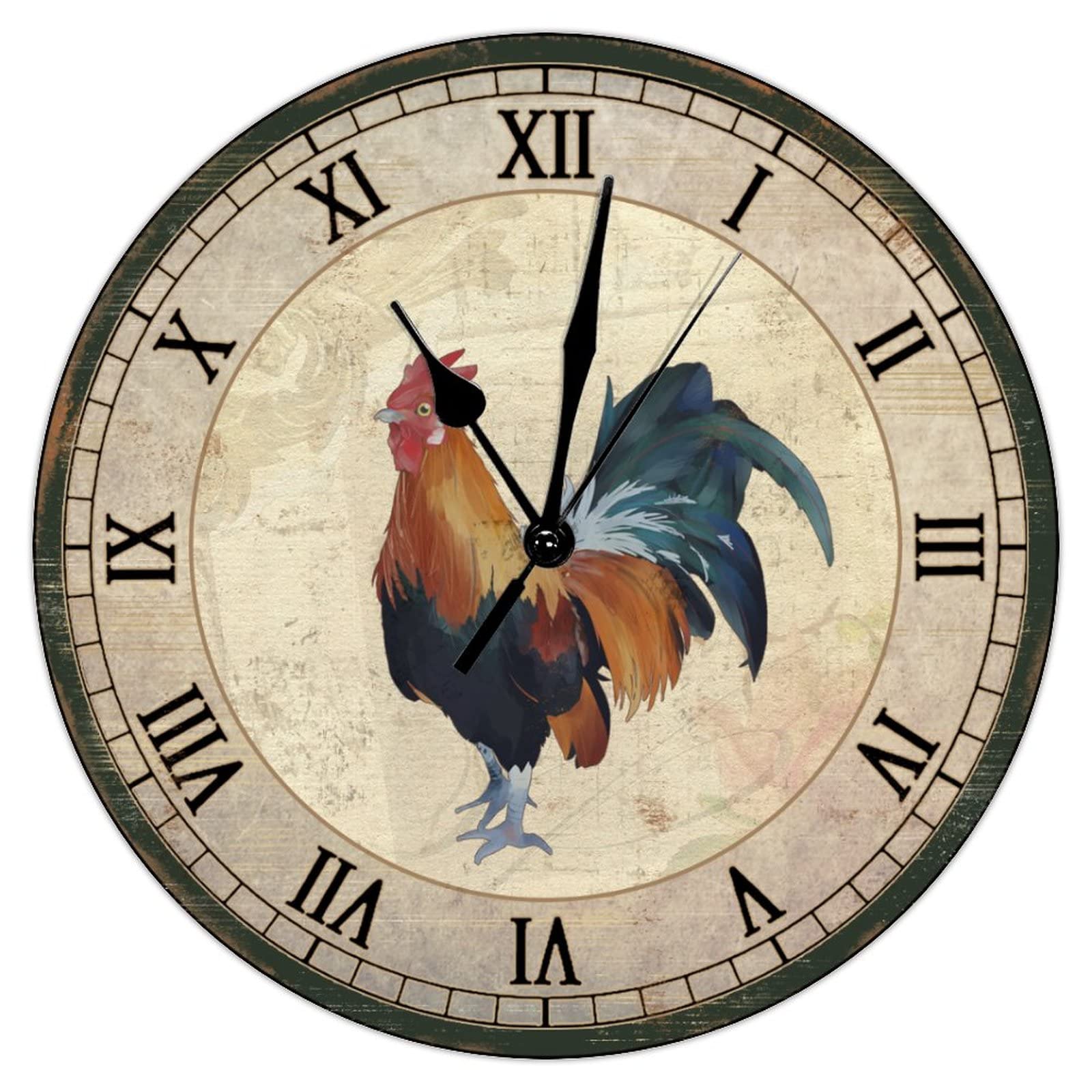 Horloge murale en bois sans tic-tac pour cuisine avec motif de poule