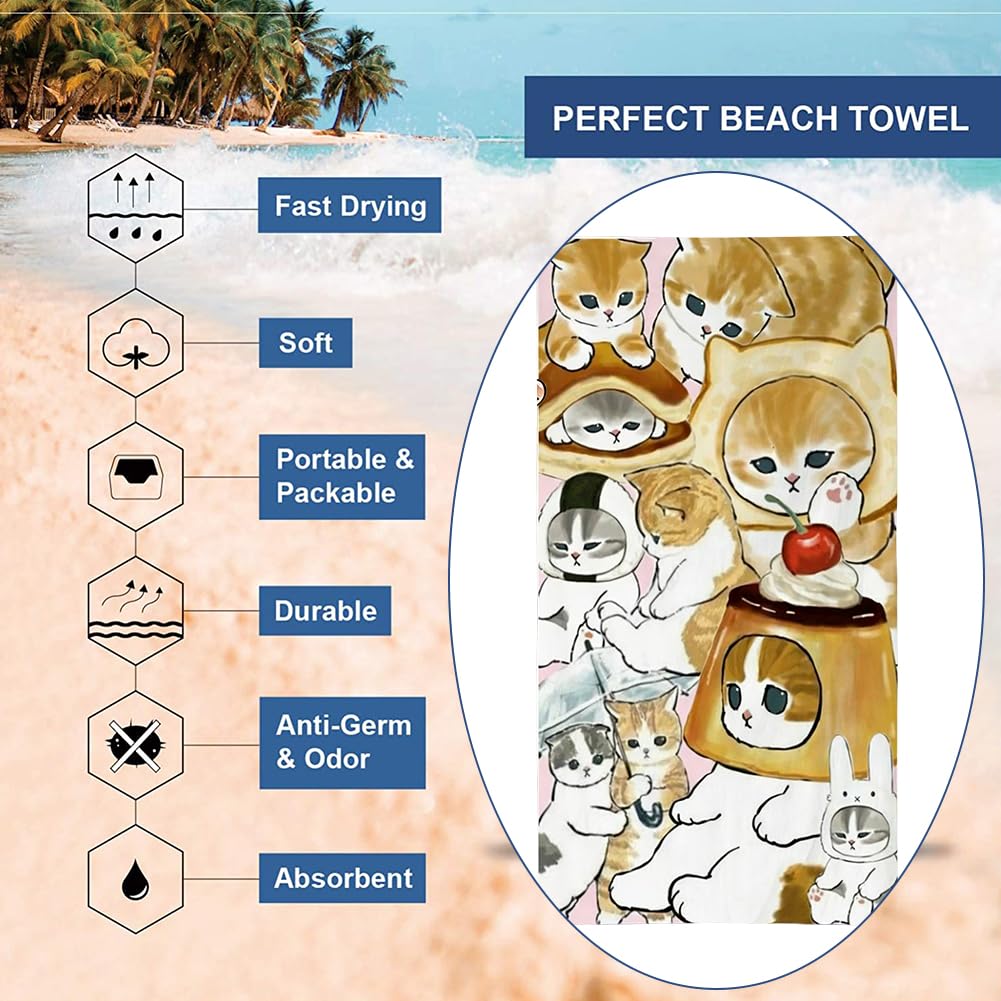 Gatto Telo Mare, Gatto Coperta da Spiaggia Asciugamano Microfibra Telo Antisabbia Mare Teli Bagno Antisabbia Spiaggia Asciugamano per Piscina, Sport, Campeggio, Picnic (75x150cm)