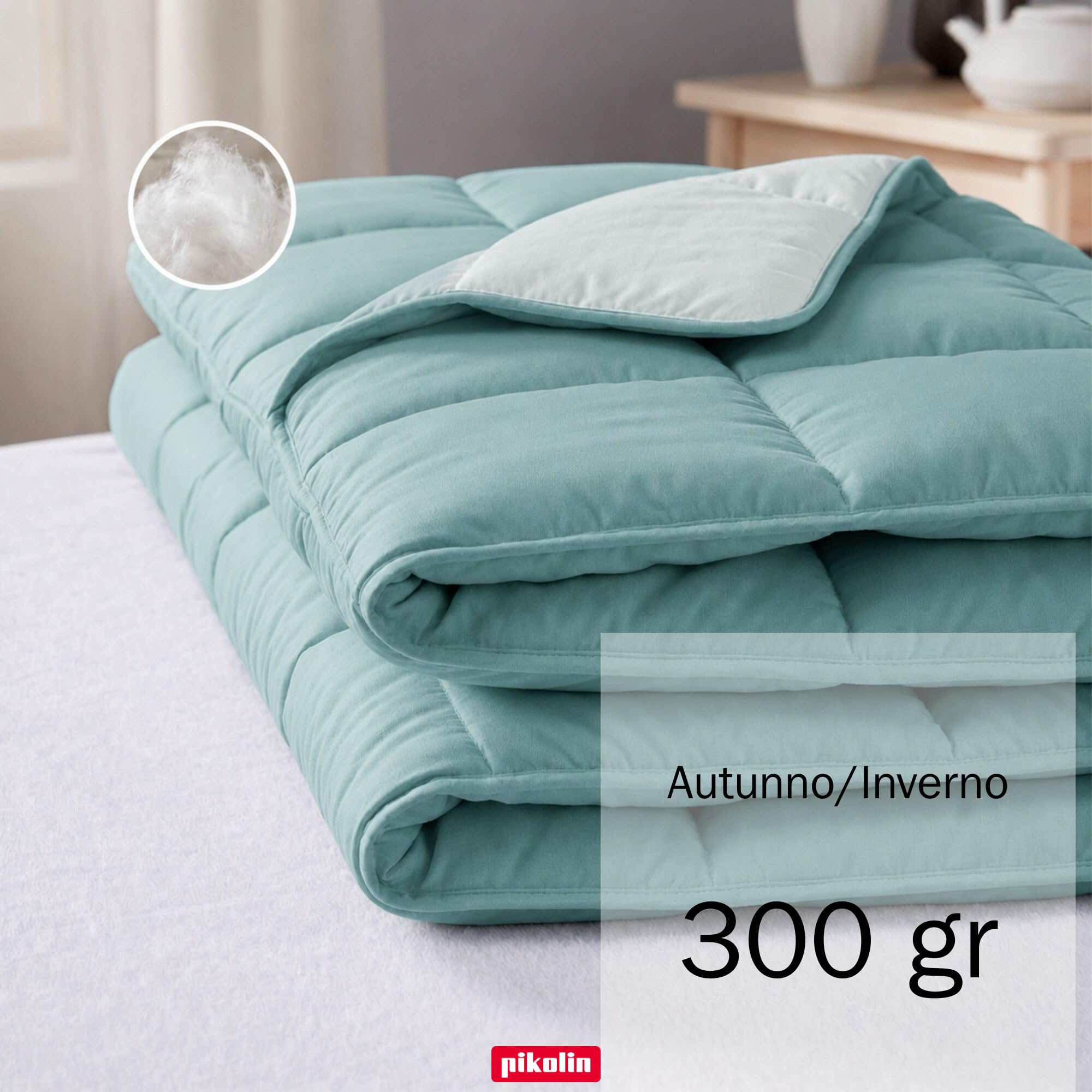 PIKOLIN Piumino Singolo Autunno Inverno 180 x 220 cm Effetto Piuma 300 gr - Piumone Caldo, Morbido, Traspirante e Reversibile - Bicolore Verde