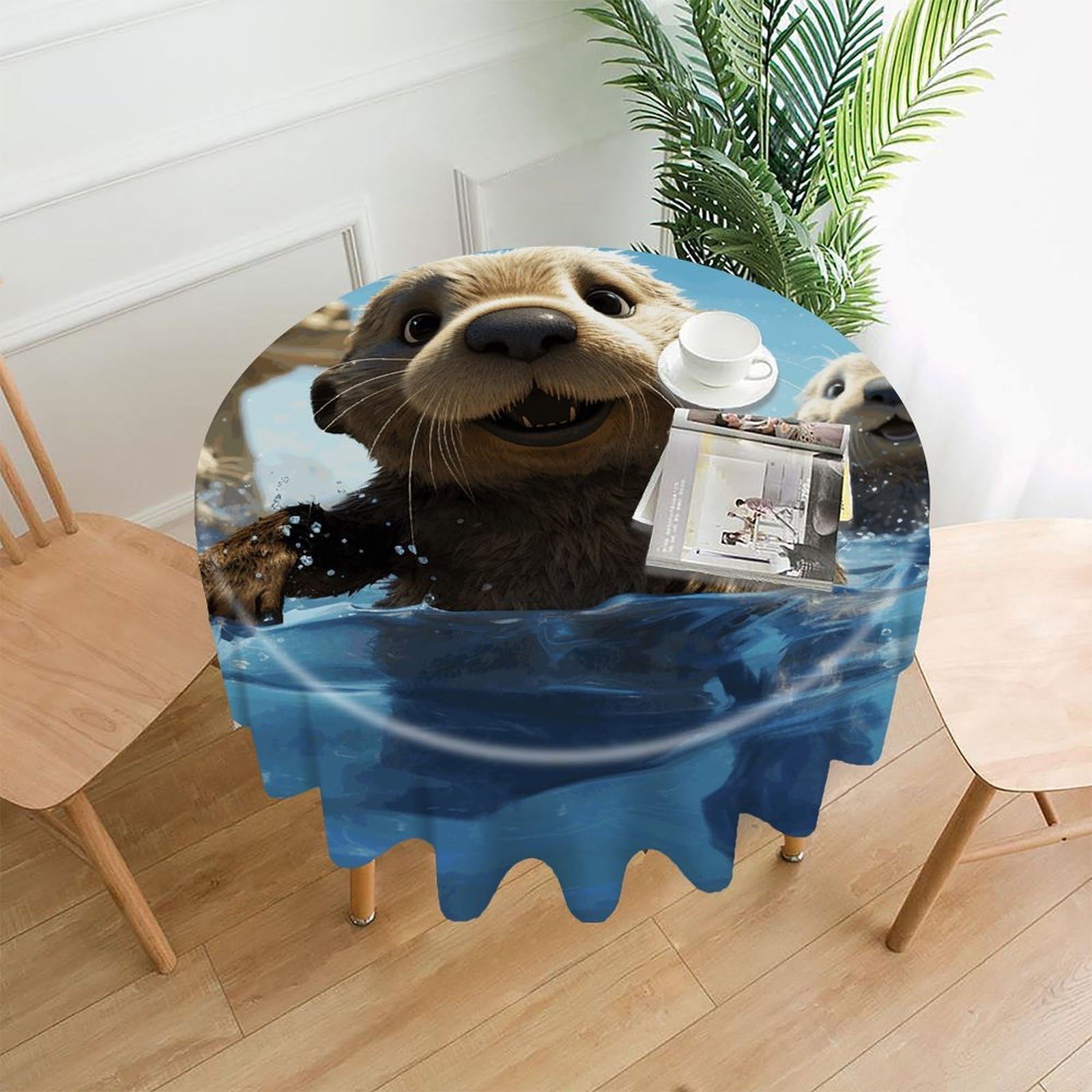 MUSM 60 Inch Lovely Sea Otter Print Round Tablecloth Wipeable Washable Table Cover for Kitchen and Dining Room Decorative Table Cloth for Party Holiday Picnic Outdoor