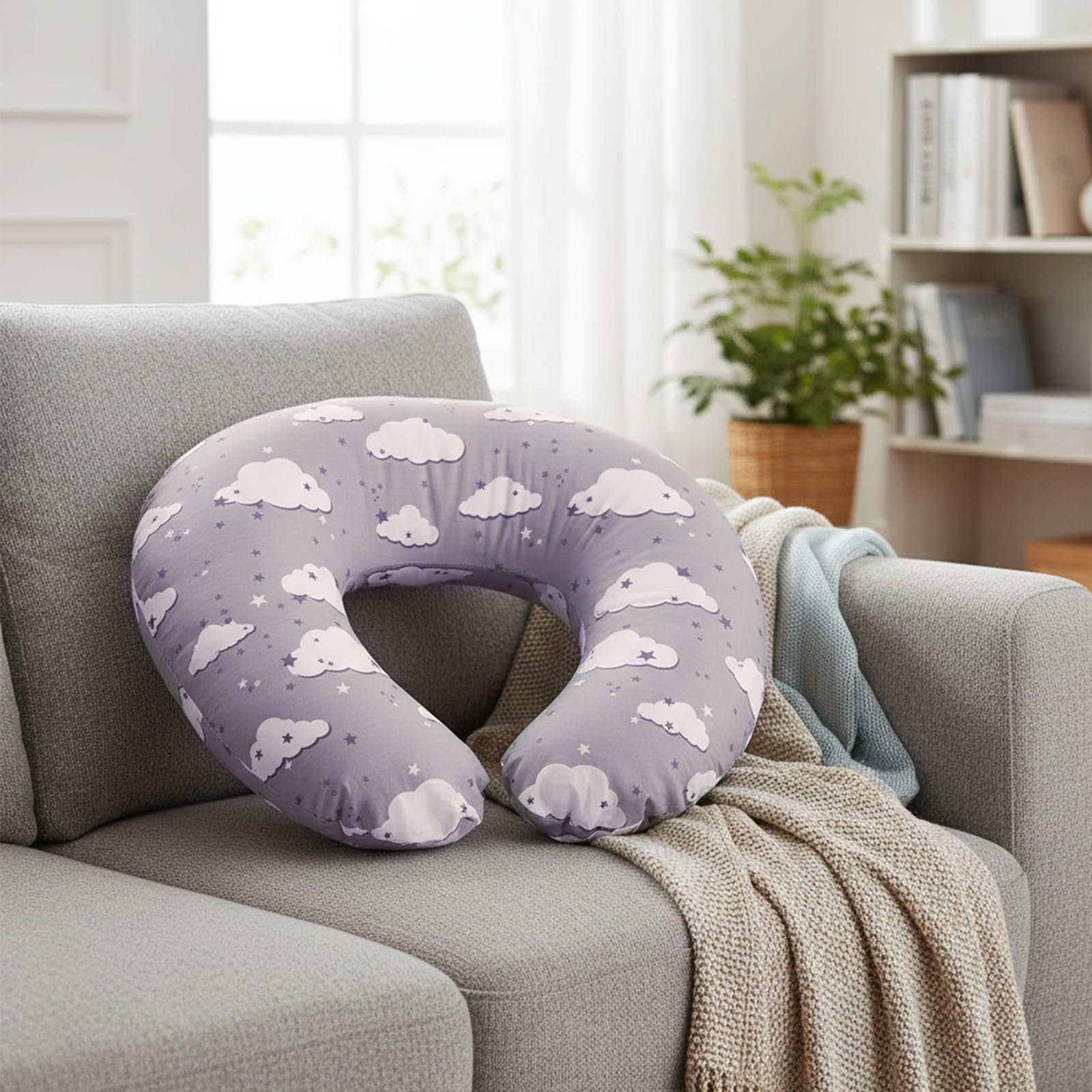SHANNA Coussin d'allaitement en Coton, Coussin de Grossesse Multifonctionnel pour Maman et Bébé, Remplissage en Fibres, Soutien Ergonomique (Motif 2 Nuages et Étoiles)