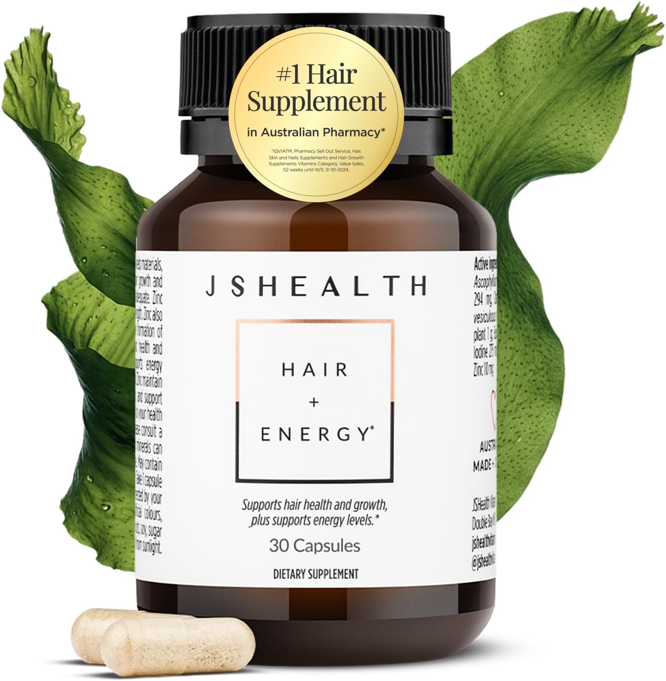JSHealth Hair Growth Vitamins for Women. Hair + Energy with Kelp Iodine and Zinc. Supports Thickness, Strength, Energy. Nutritionist-Formulated (30 Capsules) | Hair Vitamins for Women and Men, Zinc and Iodine Hair Supplements for Hair Growth